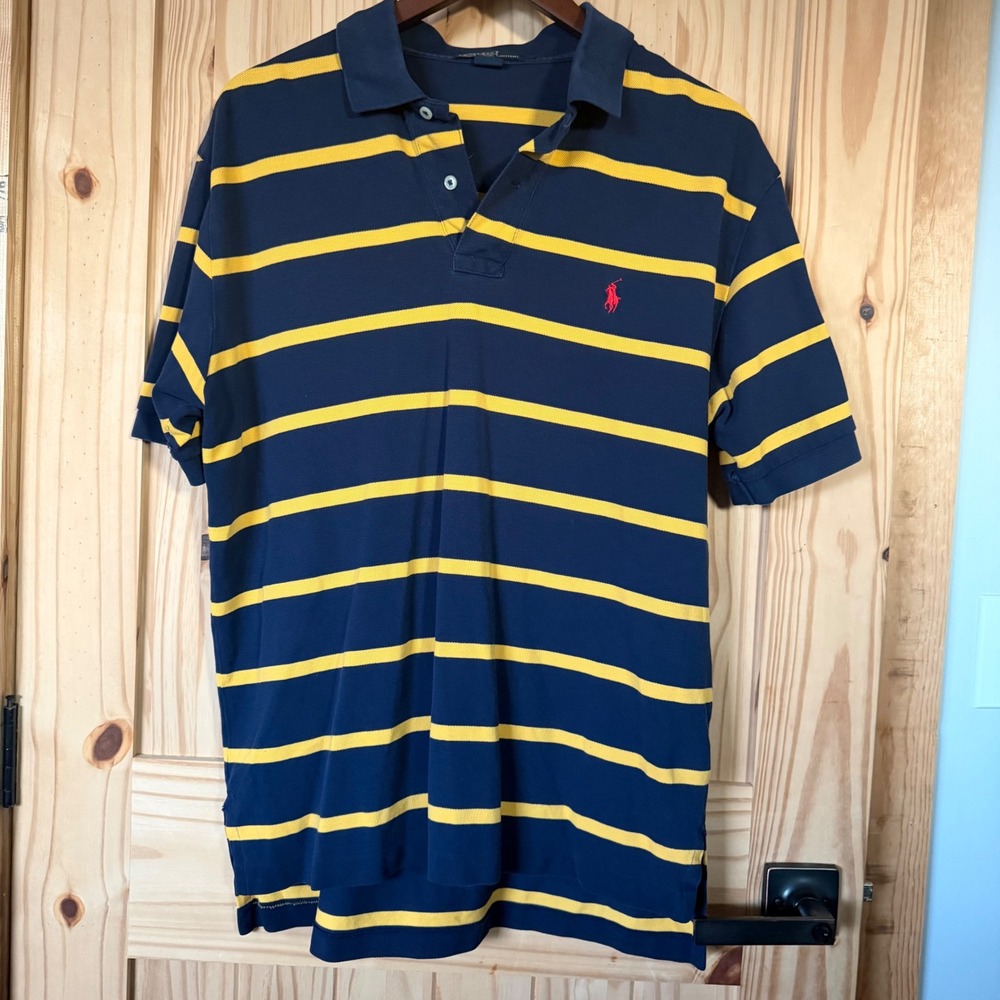 Polo Ralph Lauren Mens Large Navy Blue Yellow Striped Short Sleeve Pique Polo